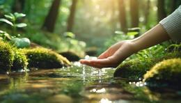 Hand berührt klares Wasser eines Waldbachs