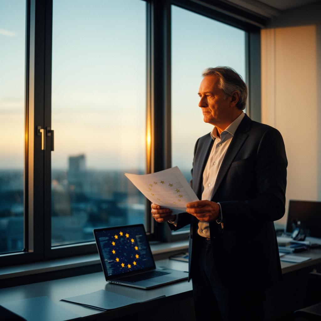 Unternehmer am Fenster mit gedrucktem EU-Dokument, im Hintergrund Laptop mit angedeuteter EU-Flagge – Symbolbild für den EU AI Act im Mittelstand