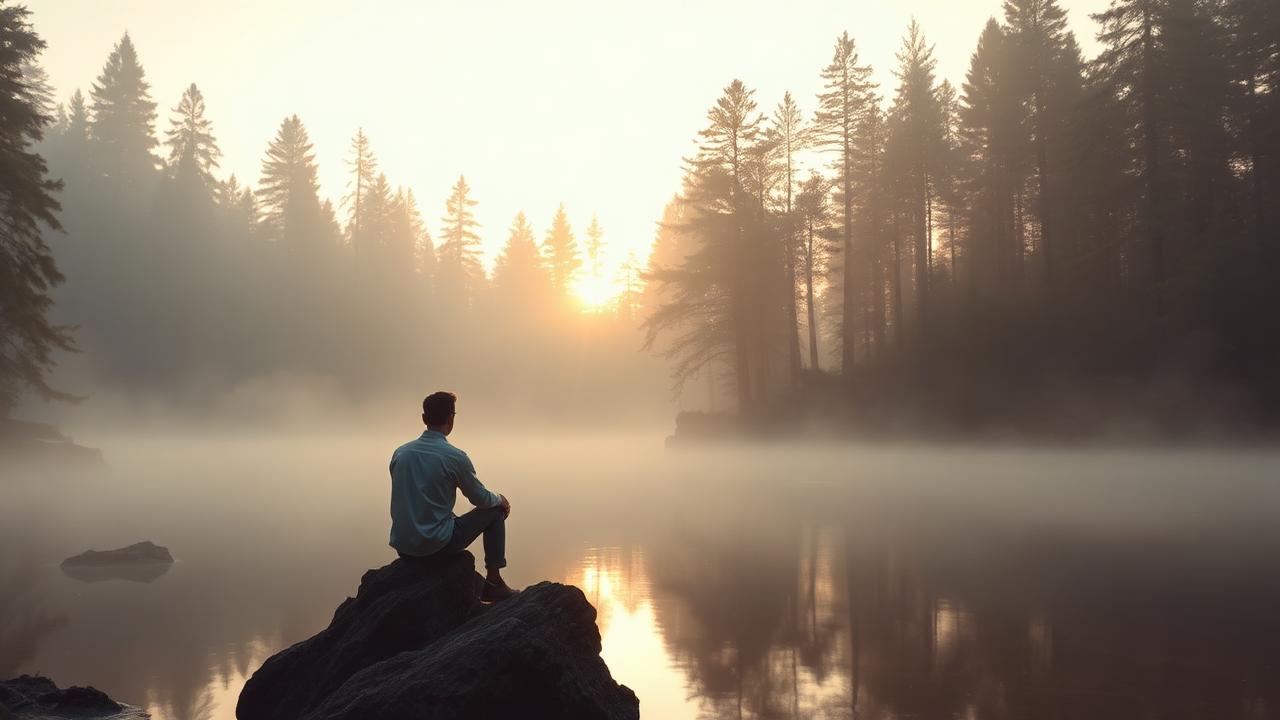 Person sitzt in stiller Meditation auf einem Felsen an einem nebeligen Waldsee im Morgenlicht – Symbol für innere Klarheit und geistige Entwicklung.