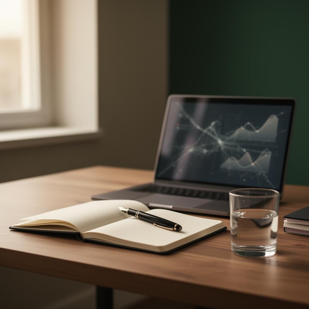 Aufgeräumter Schreibtisch mit Notizbuch, Füller, Wasserglas und Laptop mit dezenten Datenvisualisierungen – ruhige Arbeitsatmosphäre.